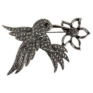 Vintage Avon Silver Tone Hummingbird & Flower Pin Brooch‎ Rhinestone Accents